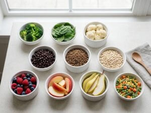 Overhead view of high-fiber foods in white bowls for weight loss, including broccoli, lentils, oats, and berries.
