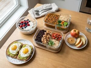 Balanced high-fiber and protein meal prep featuring avocado toast, lentil bowls, and fresh fruit.